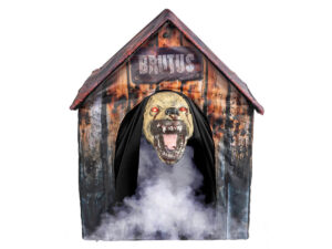 Decoratie Halloween van een hondenhok met een griezel dog, ofwel Mad Dog House.