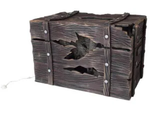 Een bruine schatkist met enkele openingen van ouderdom, welke licht en geluid geeft