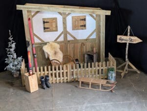 Après ski chalet decoratie huren met houten Alpen setting voor winter themafeest bij Carpe Diem Verhuur